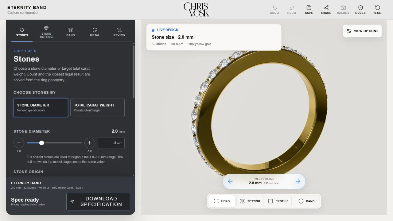 ChrisVosk eternity band configurator showing a live ring design